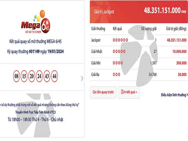 Giải Jackpot 48 tỷ đồng đã có người lĩnh thưởng