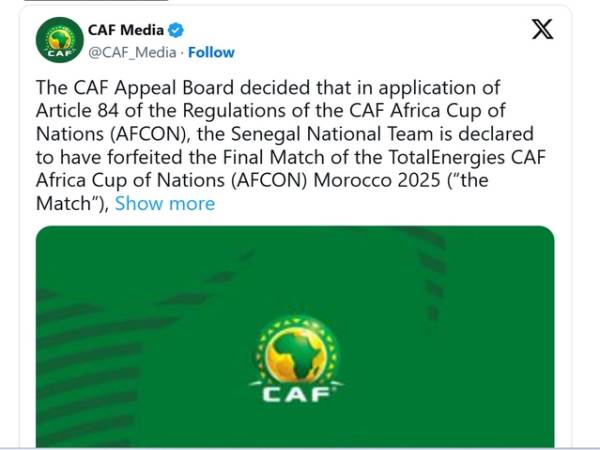 Bóng đá QT: Senegal bị tước danh hiệu vô địch AFCON